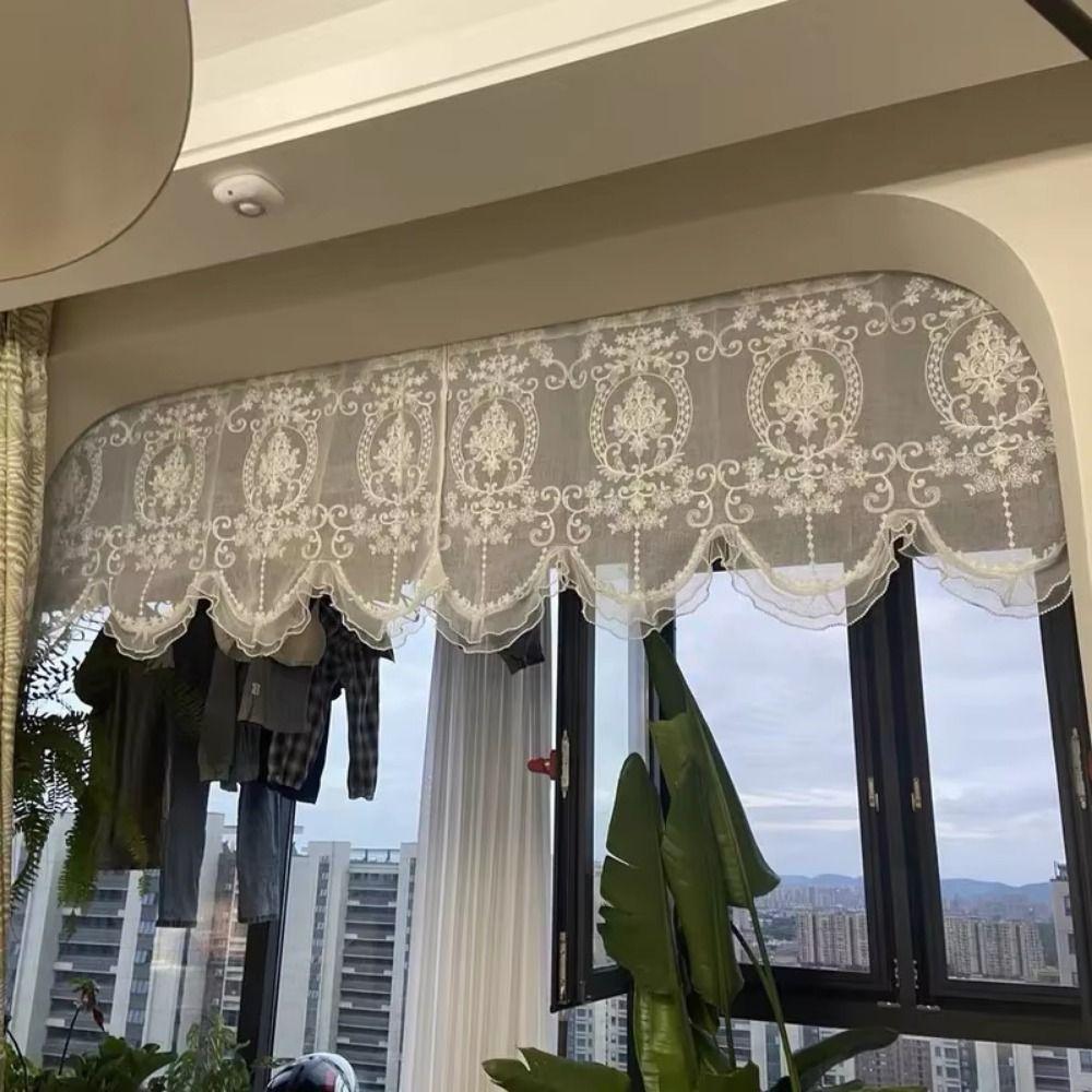 Wavy Edge Ruffled Lace Short Sheer Curtain Floral Short Tulle Drapery Bedroom