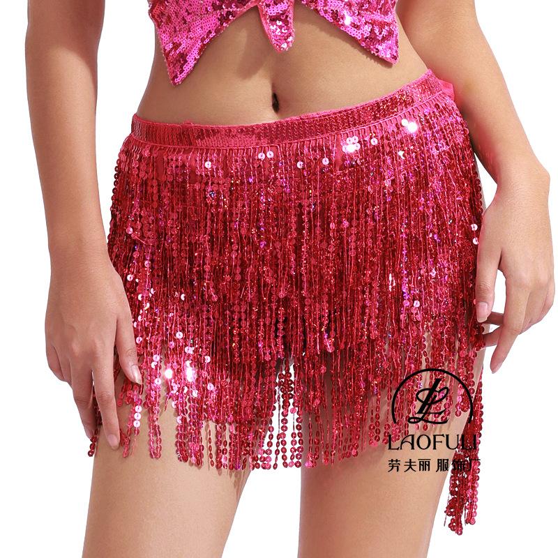 Women's Elastic Waist Sequin Fringe Mini Skirt Loose Fit Chiffon Dance Hip Scarf Belly Dance Performance Party Wrap Skirt