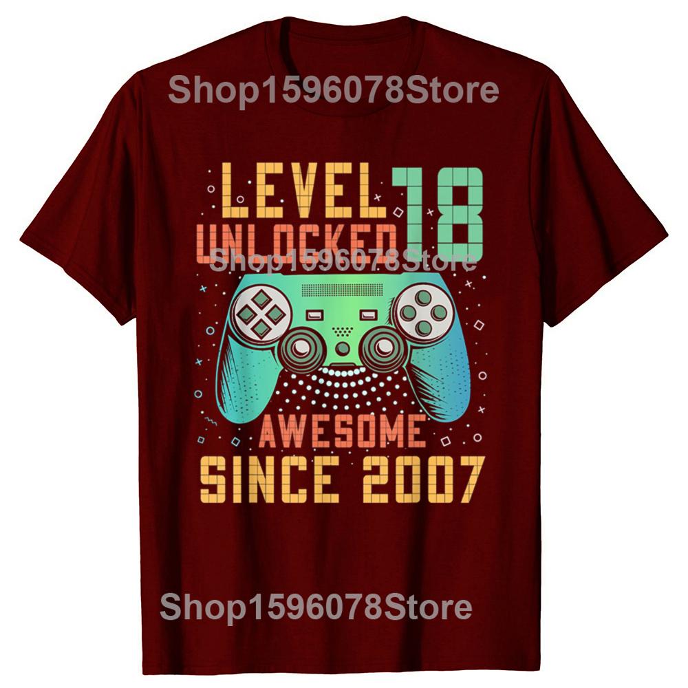 Funny Level 18 Unlocked 18th 18 Year Old Boy Gaming Graphic 2007 T Shirts Men Cotton Humor Streetwear Unisex Loose Clothing