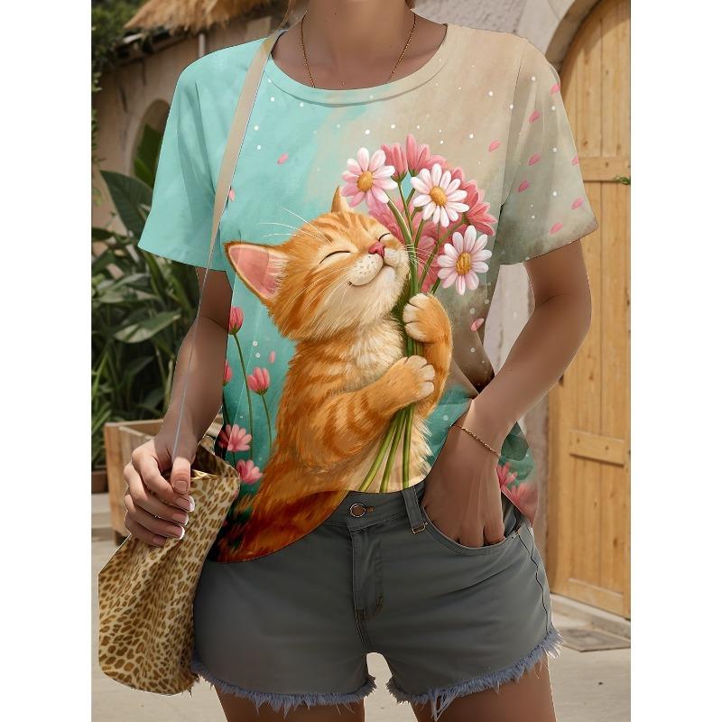 Summer Fashion Women's Animal T Shirt Stylish Kawaii Cat Printed Casual Short Sleeve Crew Neck Tees Round Neck Regular Tops