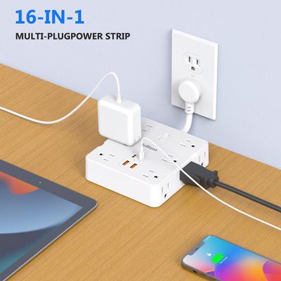 Prodlužovací kabel s americkou zástrčkou a 12 zásuvkami, 4 USB porty(2 Typ-C) Rychlé nabíjení, rozbočovač domácích elektrických zásuvek, 1875 W 15 A