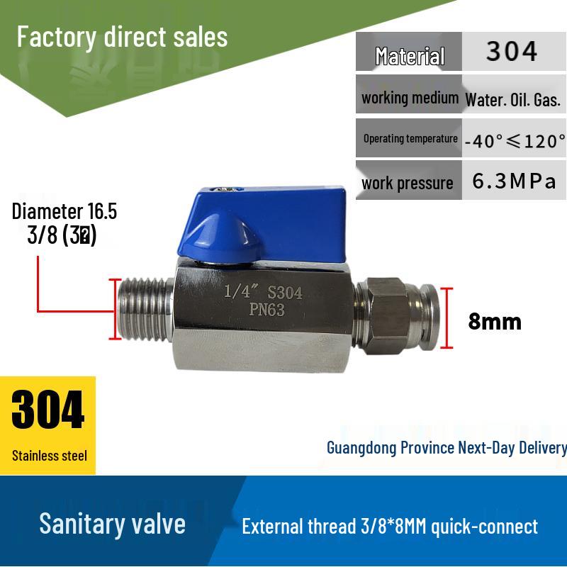 304 Stainless Steel Sanitary Mini Ball Valve, Internal/External Thread, High Pressure, 1/8"-3/4" Sizes, Open Pagoda Design