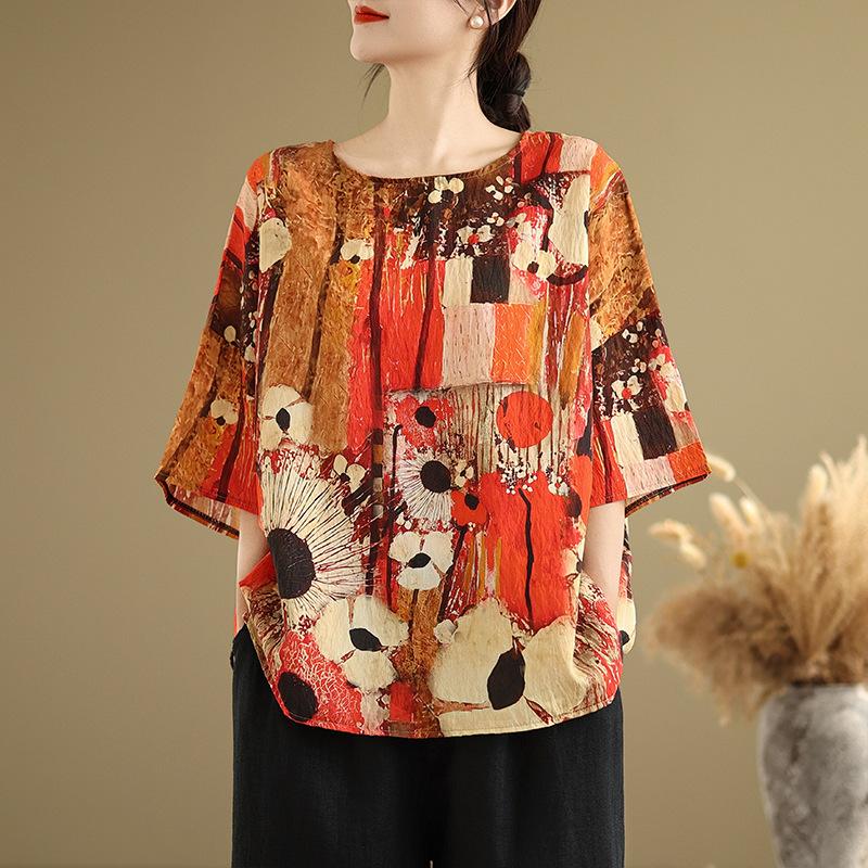 

Этнический стиль Большой размер Широкая Футболка с куклой Panasonic Swing Летняя блузка Этнический принт Свободный круглый вырез Удобная футболка для женщин one size оранжевый