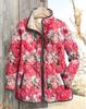 Women's Tropical Leaf Print Quilted Jacket Stand Collar Button Down Contrast Trim Casual Coat