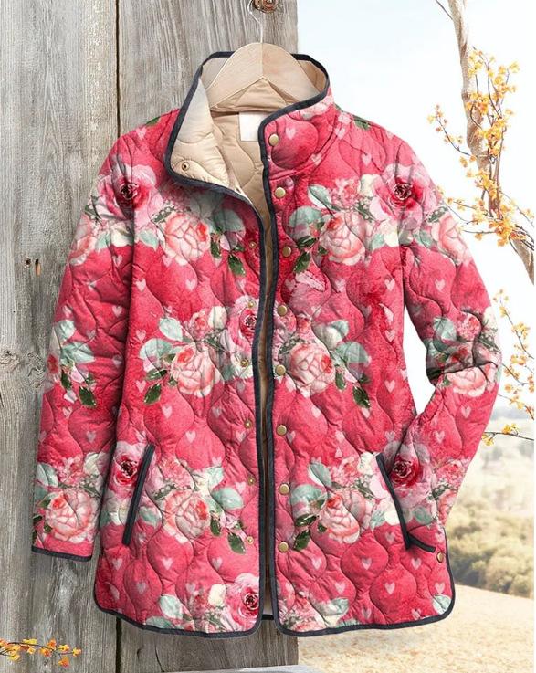 Women's Tropical Leaf Print Quilted Jacket Stand Collar Button Down Contrast Trim Casual Coat