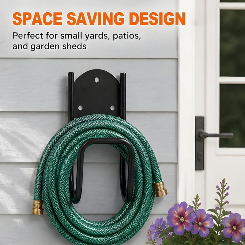 Yard Hose Storage Rack Wall Mounted Metal Holder Set of 2 for Garden and Balcony Use, Curved Front Bar for Coiled Hose Storage During Watering