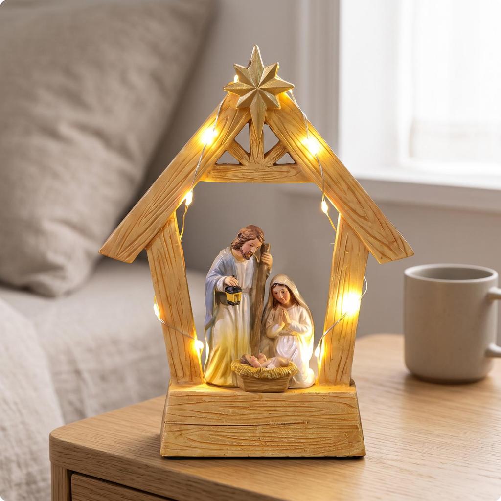 Lighted Nativity Scene with Manger Resin Stable LED Lights Indoor