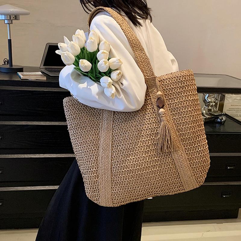 Letní tkaná taška přes rameno Dámská plážová taška Dámské Slaměné pletené Ručně vyráběné Velkokapacitní kabelka Peněženka Cestovní střapec Shopper Tote