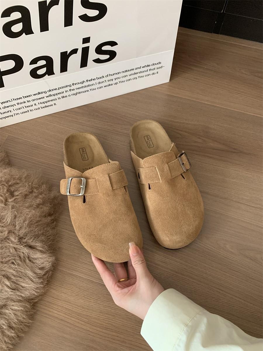 

Sanxi same shoes genuine leather women s shoes spring and autumn new thick-soled bag head half slippers 40