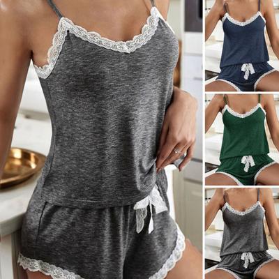 Frauen Pyjama Set Sexy Spitze Weiche Elastische Taille Kontrast Farbe Ärmellose Tank Top Lose Shorts Nachtwäsche
