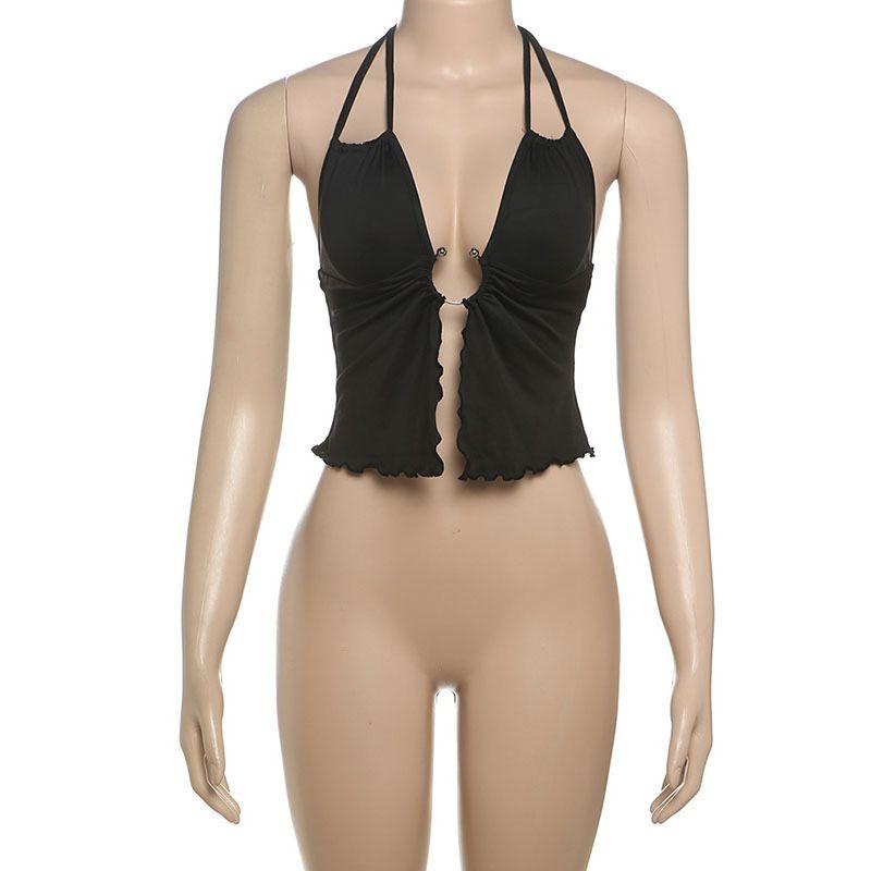 Summer New Arrival Sexy Sexy Lace-up Cutout Wooden Ear Halterneck Midriff-Baring Camisole Double-Strap Metal Ring Patchwork