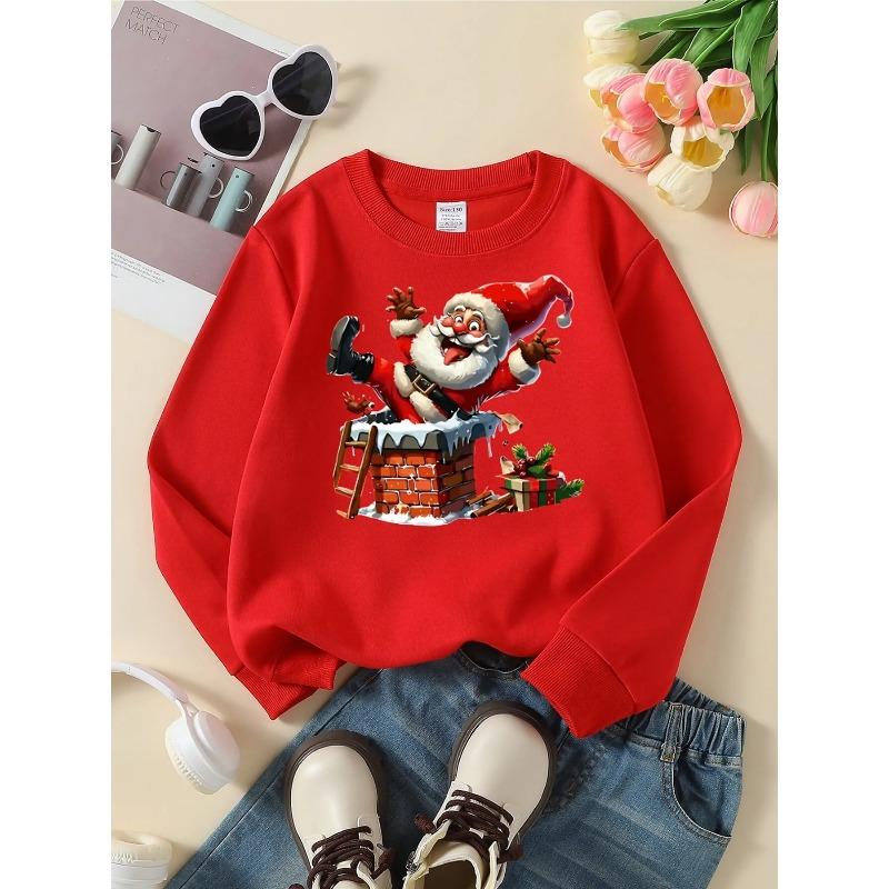 Kids Crewneck Sweatshirt, Santa Claus Chimney Christmas Gift Red Print,Casual Sportswear for Spring & Autumn