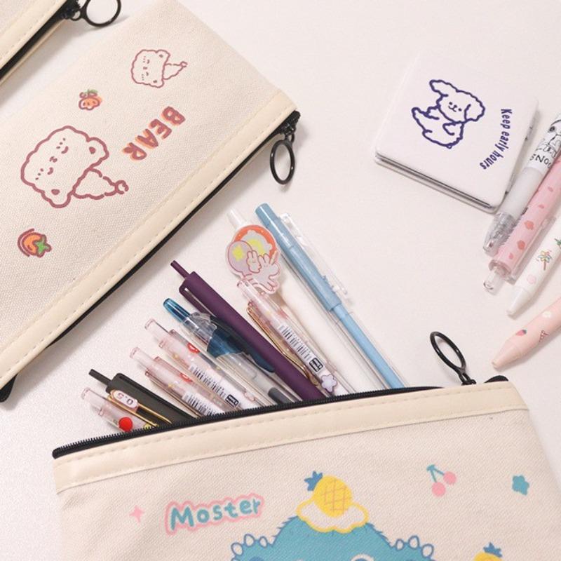 The New Popular Japanese Simple Large-capacity Pencil Case Ins Cartoon Bear Canvas Junior High School Student Pencil Stationery Box