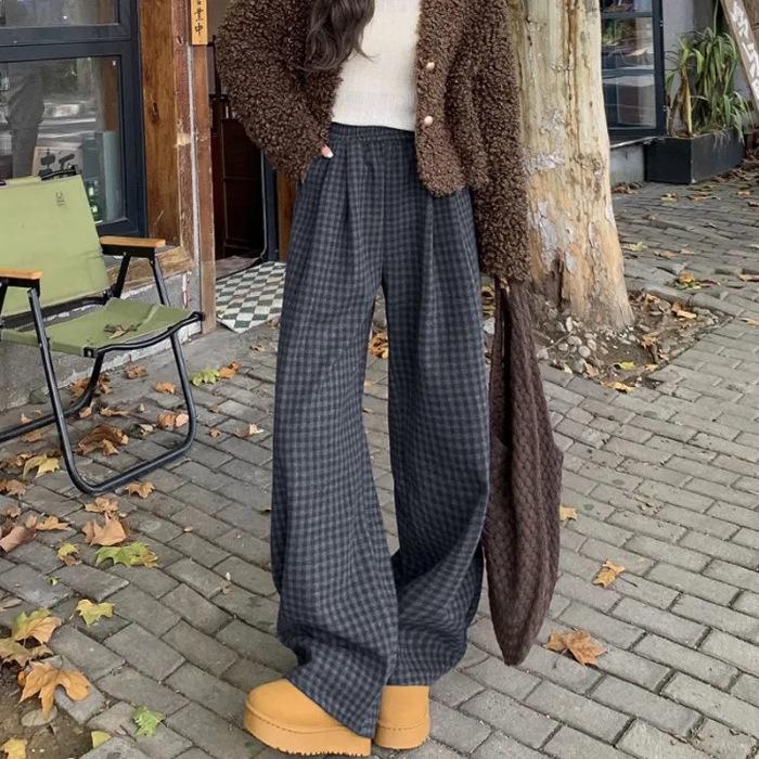 Women s Spring & Autumn High Waist Plaid Wide Leg Pants - Casual, Slimming, Versatile S