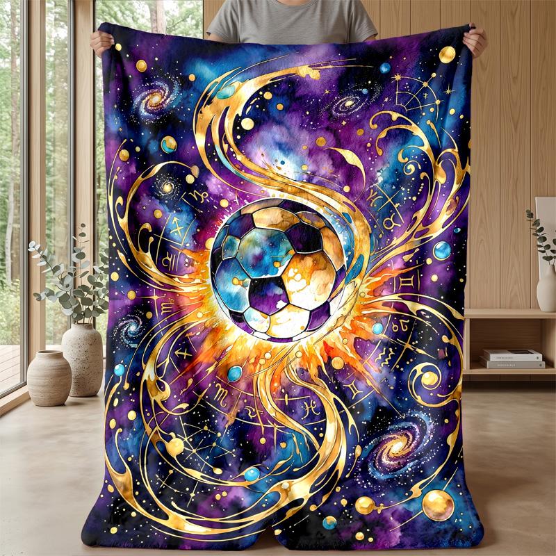 Cosmic Soccer Ball Blanket Personalized Name Flannel Blanket Soft Cozy Plush Throw for Sofa Bed Lightweight Home Decor