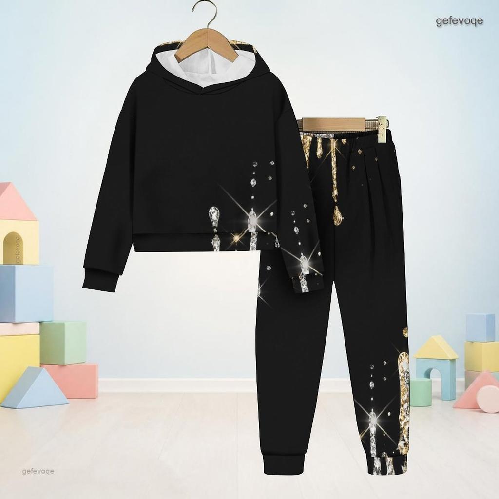 Kids Boys Girls Hooded Long Sleeve Printed Two Piece Set Black Gold Sweatshirt Cuffed Pants