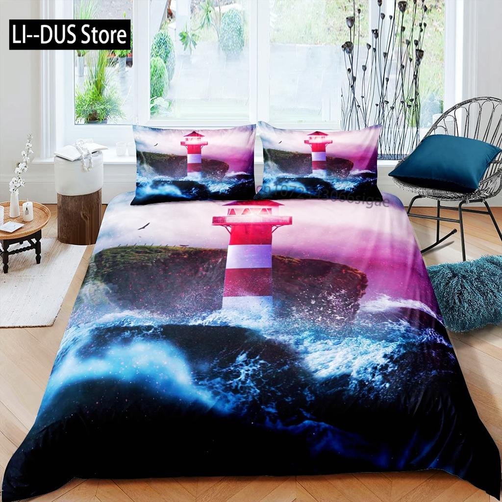 Lighthouse Duvet Cover Set Nautical Surfing Ocean Wave Bedding Set Queen Polyester Coastal Nature Theme Quilt Cover For Kids Boy