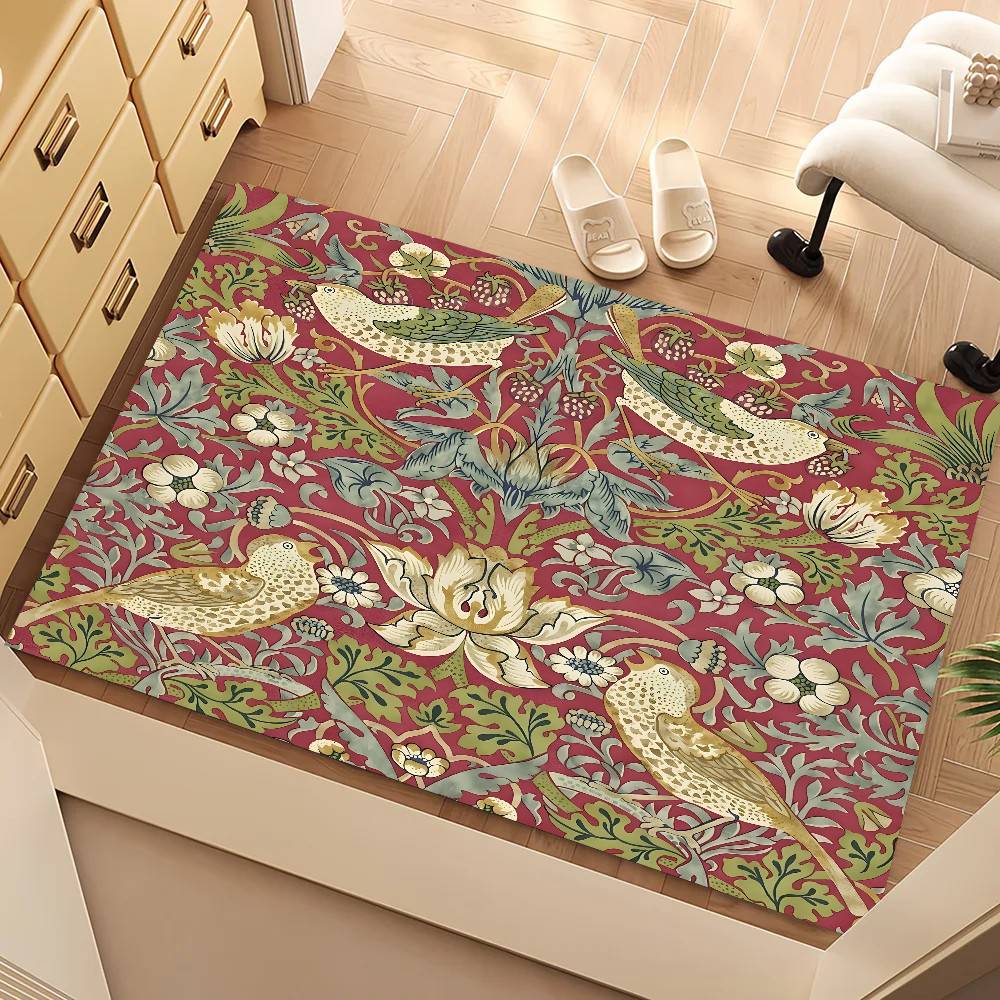 W-William Morris Strawberry Thief Floor Mat Suitable For Living Room Kitchen Bathroom Non-slip Mat Household Foot Mat