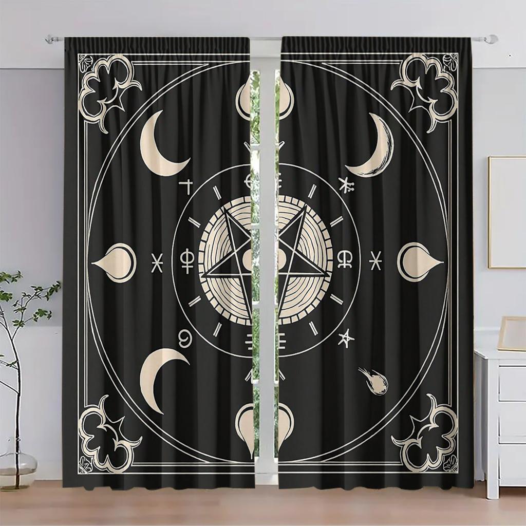 Set Of 2 Mystical Zodiac Moon Phase Print Curtains Black Polyester Drapes Design Perfect Curtain Semi Sheer Made With Rod Pocket