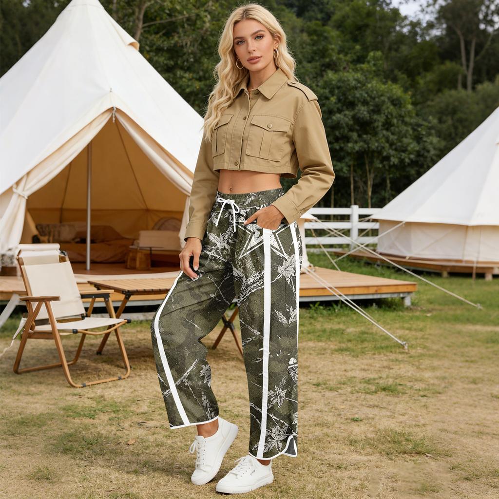 Women's Wide Leg Track Pants with High Waist Side Stripes Lightweight Parachute Pants with Pockets