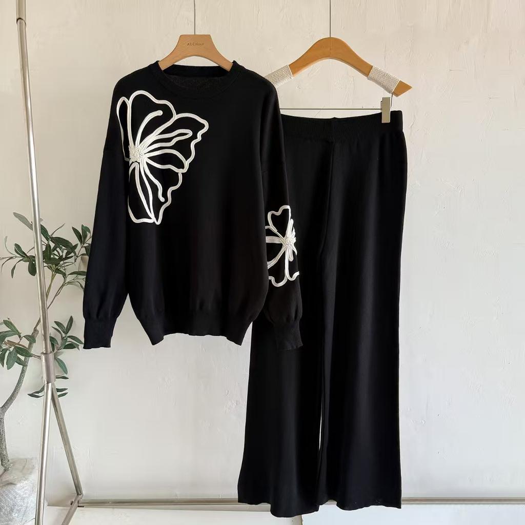 Herbst Winter Damen Blumenstickerei Strickpullover Hose Zweiteiler Langarm Pullover Oberteile und Weitbein Hose Trainingsanzug