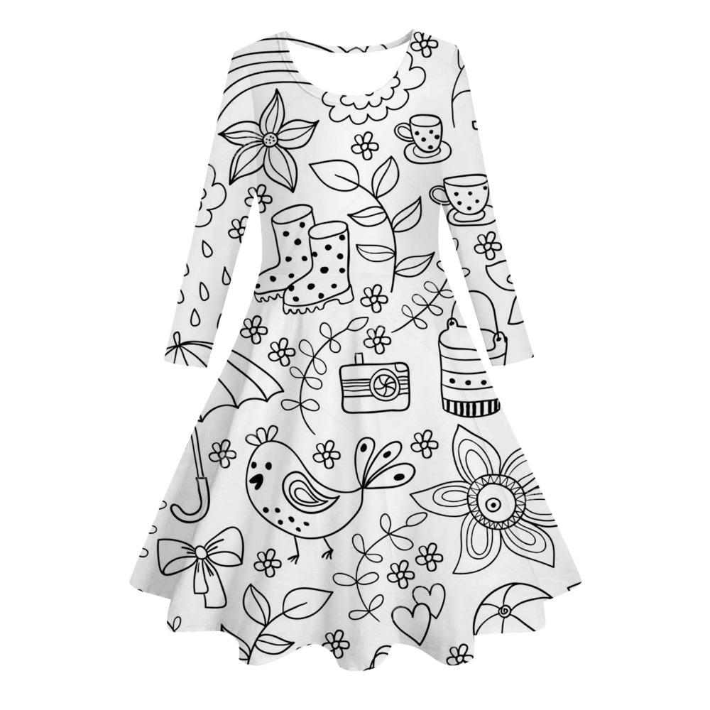 Girls' 3D Abstract Doodle Dress Long Sleeve Summer Spring Vacation Daily Holiday Princess Beautiful Sweet Kids 4-12 Years Casual Dress A Line Dress