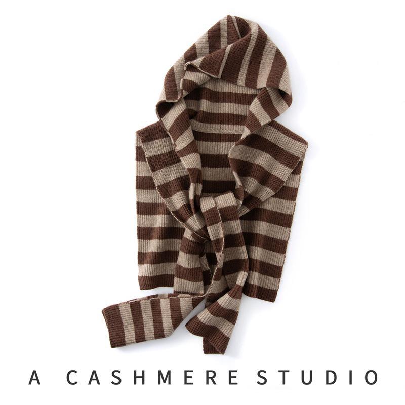 25 A/W Women s Versatile Striped Cashmere Knit Neck Gaiter, Hat & Shawl Combo 60-80cm