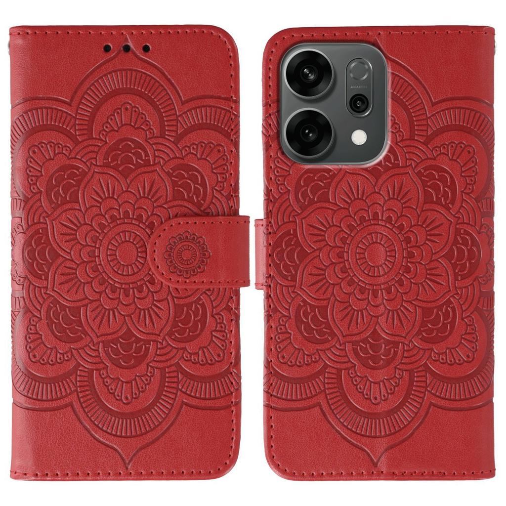 For Oppo Reno14 5G (Global) Case PU Leather Mandala Imprinted Design Wallet Phone Cover with Wrist Strap