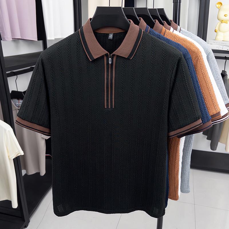 Men's Hipster Striped Knit Shirt - Short-Sleeve Lapel T-Shirt Top
