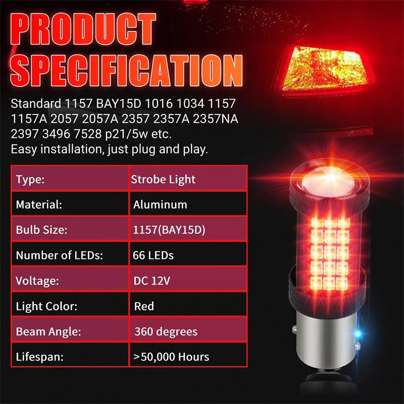 2Pcs 1157 66Led Red Strobe Flashing Blinking 2835 Smd Brake Stop Tail Parking Light Bulbs