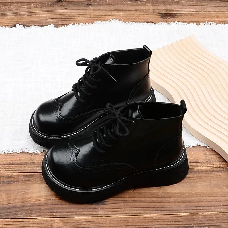 Fashion Mori Literary Retro Big Head Shoes Carved Detail British Style Women Boots Thick Sole Lace-up Ankle Boots Handmade Warm Shoes