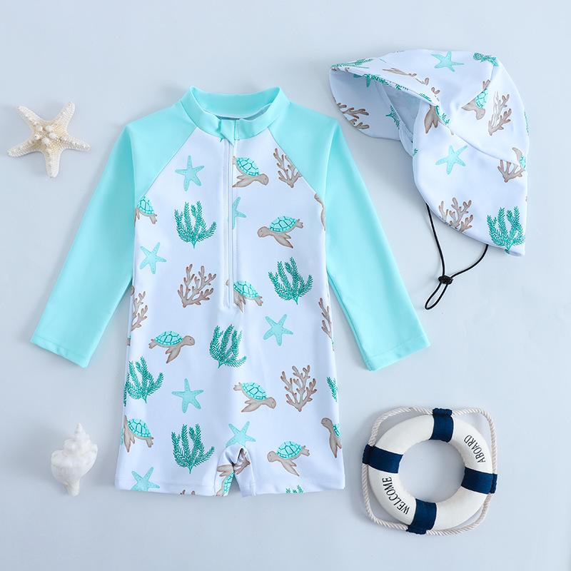 Children's One-piece Swimsuit Boys' Sun Protection Long-sleeved Baby Cartoon Swimsuit Quick-drying Baby Swimsuit Hooded Sun Protection