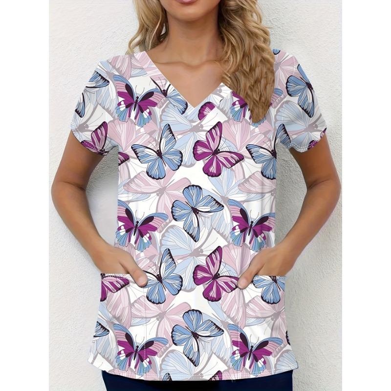 Fashion Butterfly Nurse Uniform Short-Sleeve Shirt Commuting Work V-Neck Top Short Sleeves Women Clothing Pocket Women's T-Shirt