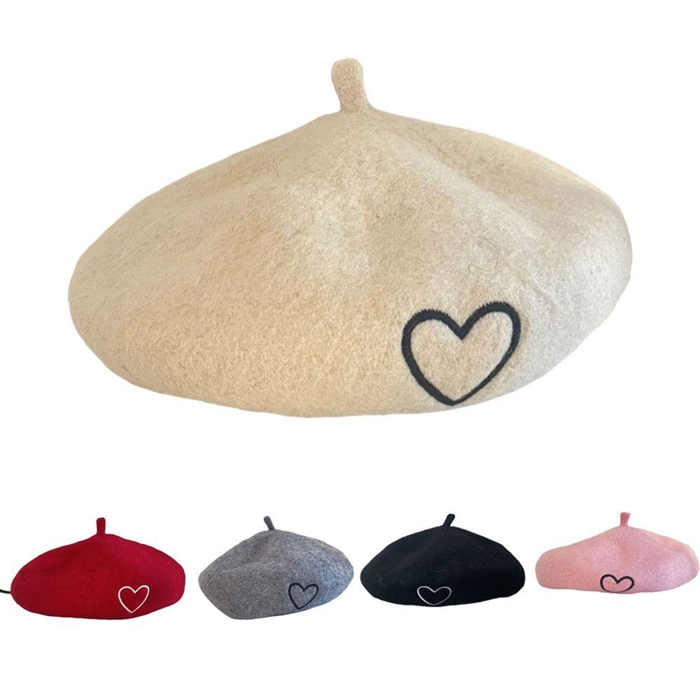 Heart Embroidery Knitted Beret Hat Round To Painter Beret Cap Autumn and Winter