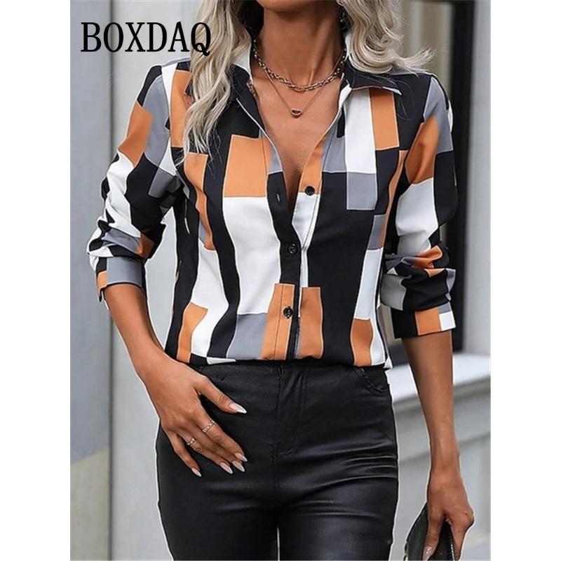 New Spring Autumn Women Blouses Fashion Geometry Striped Pattern Printing Shirt Elegant Casua Everyday Blouse Ladies Loose Style
