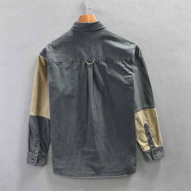 Men's Daily Sleeve Patch Washed Grain Woven Cotton Long Sleeve Shirt Tooling Retro Trend Youth Thin Coat