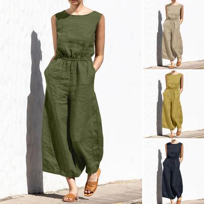 Summer Cotton and Linen Jumpsuit Women Solid Color Sleeveless Pocket High Waist Wide Legs Jumpsuits Casual Commuting Ladies Bodysuits
