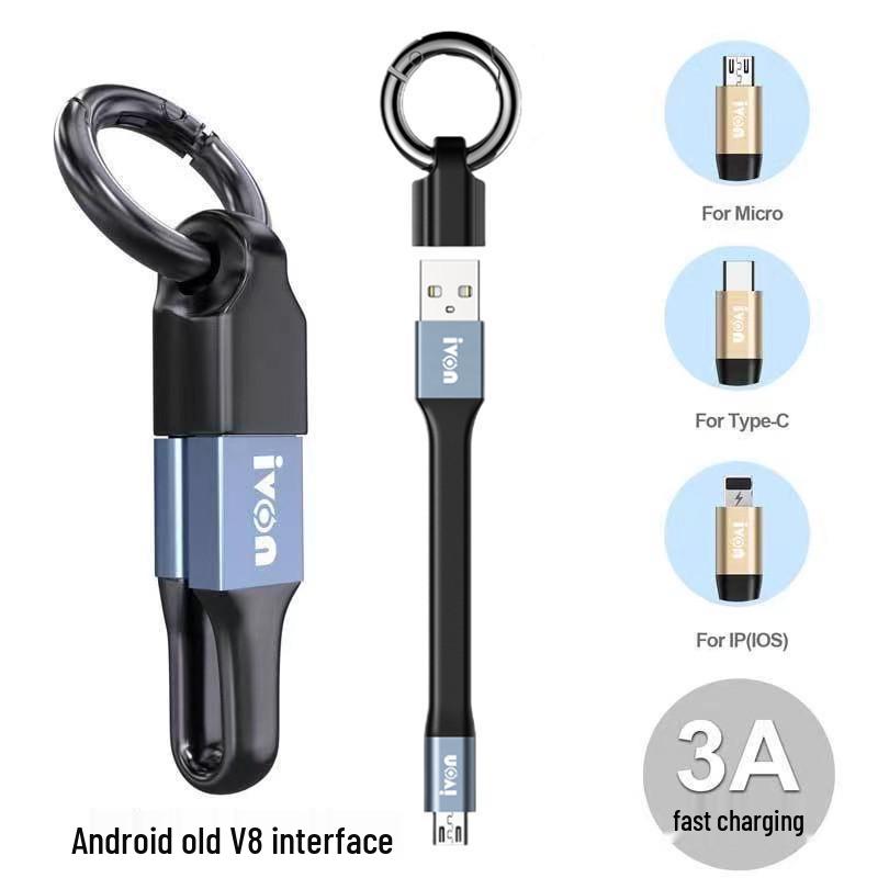 Portable 3-in-1 Keychain Charger: Short Fast Charging Cable for Apple, Android, Type-C Phones.