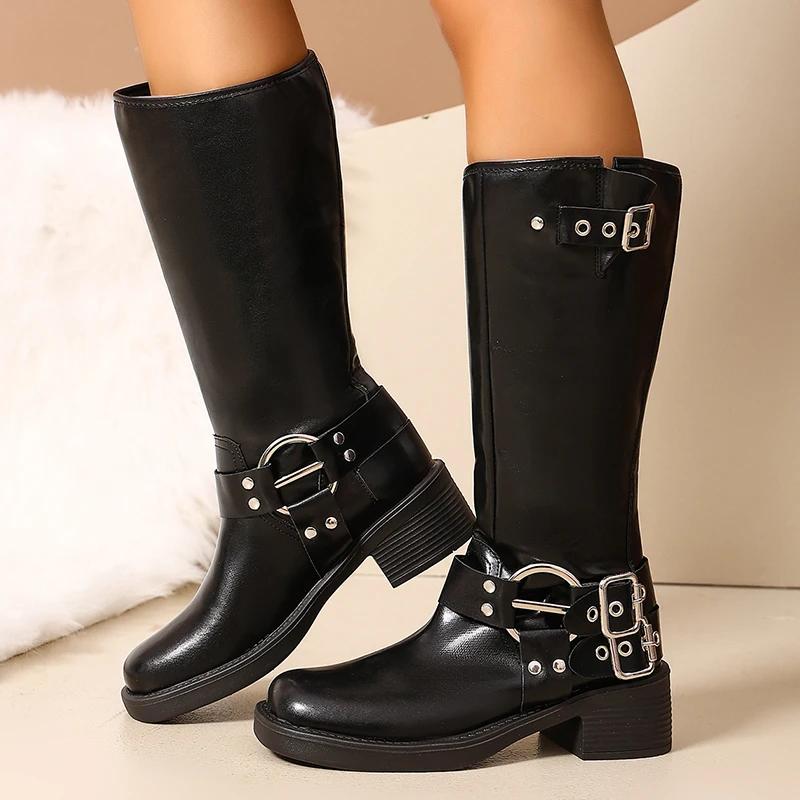 Fashion Fashion Women's Motorcycle Boots Autumn Winter Brown Pu Leather Knee High Boots Women Buckle Strap Chunky Heel Riding Boots 2025