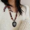 Retro Paisley Leopard Print Silk Scarf Necklace with Beaded Pendant - Women's Versatile Long Sweater Chain for Autumn & Winter.