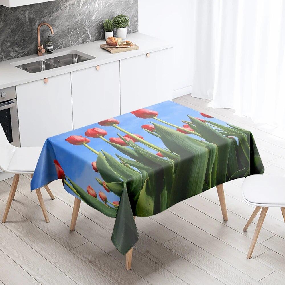 Tischdecke mit bunten Blumen, Rosen- und Tulpenmuster, schmutzabweisend, wasserdicht, rechteckig, für Küche, Esstisch, Heimdekoration