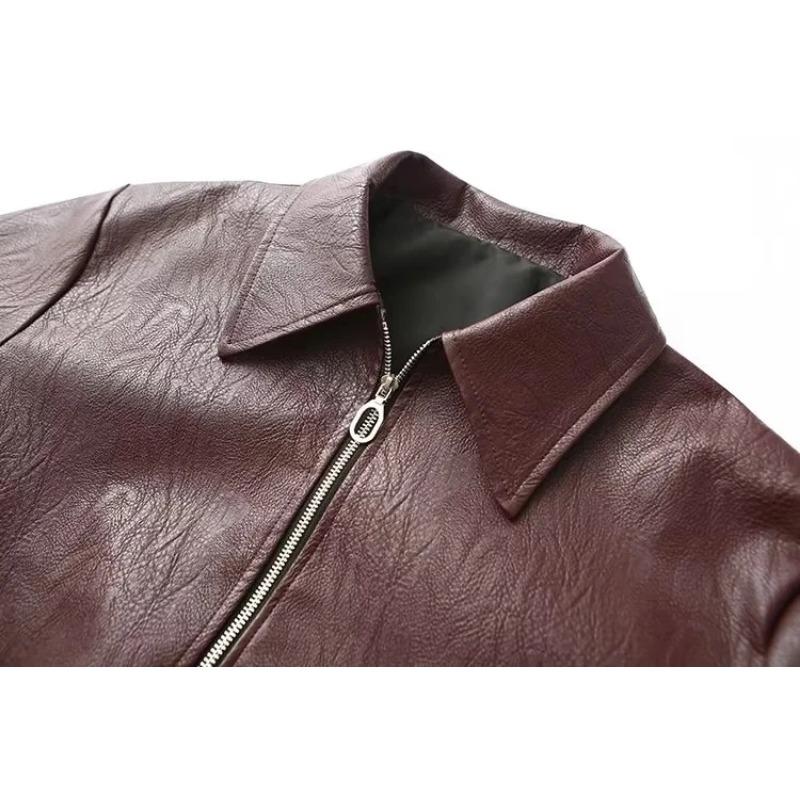 Vintage Solid Color Lapel Zipper Leather Outwear Casual Long Sleeved Elastic Short Women Coat Fall Commuting Street Jacket