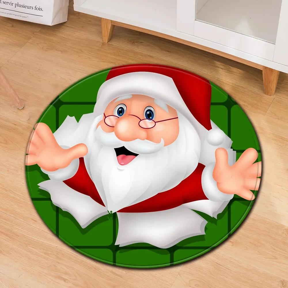 Santa Claus Round Carpet Christmas Theme Rug for Kids Teen New Year's Gift Living Room Bedroom Decor Anti-Slip Circle Floor Mat