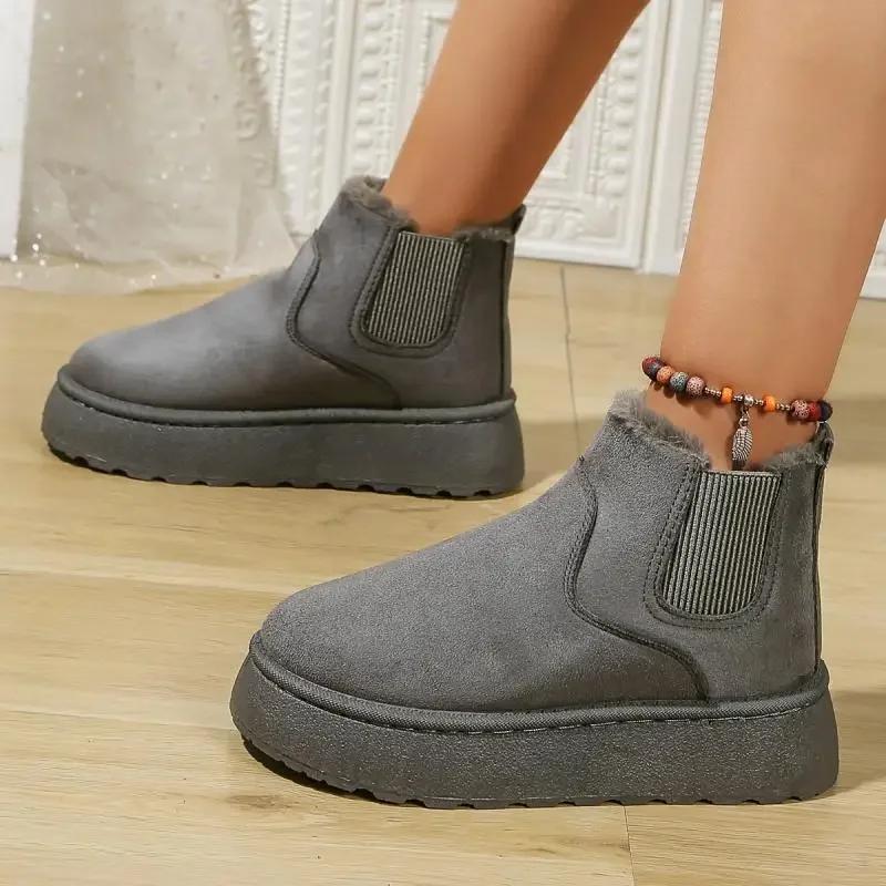 Fashion Hot Pink Thick Bottom Wedge Heel Warm Faux Fur Snow Boots Women Winter Short Plush Boots Woman Non Slip Cotton Chelsea Boots