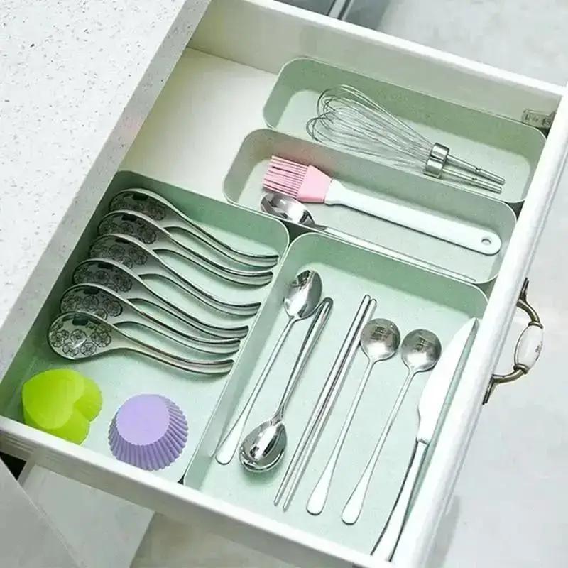

Wheat Straw Drawer Storage Compartment Tray Built-in Partition Box In Household Cabinets Kitchen Utensil Storage Blue-S