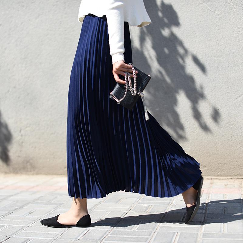Women Summer Solid Long Dress Elastic Waist Pleated Boho Beach Maxi Skirt