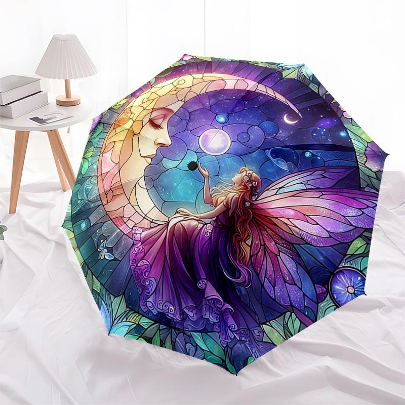1pc Stained Glass Fairy Moon Auto Open Close Umbrella - Portable Folding Design with 8-Bone Iron Frame, Outdoor, Gift for Fans, Travelers, Daily Use.K