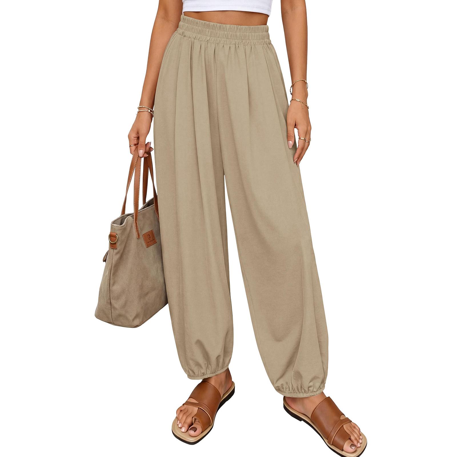 

Women s High Waist Loose Wide Leg Pants with Elastic Waistband and Functional Pockets for Hiking and Casual Wear XL хакі