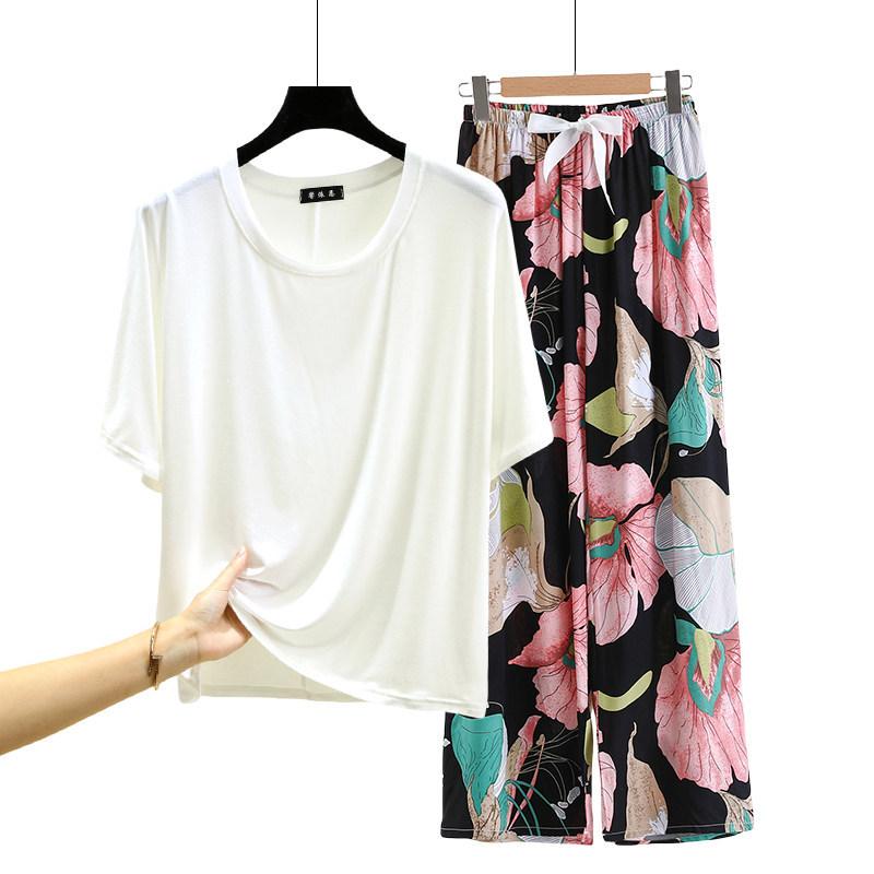 T-shirt girocollo in modal con pantaloni a gamba larga floreali in popeline Set pigiama estivo sottile Tuta casual larga per dormire Loungewear comodo tutto da abbinare