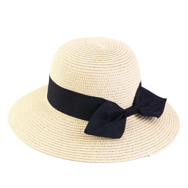 Women's summer sun-protective straw hat, beach grass pot hat, straw woven black bow, bucket hat factory JDPM-D